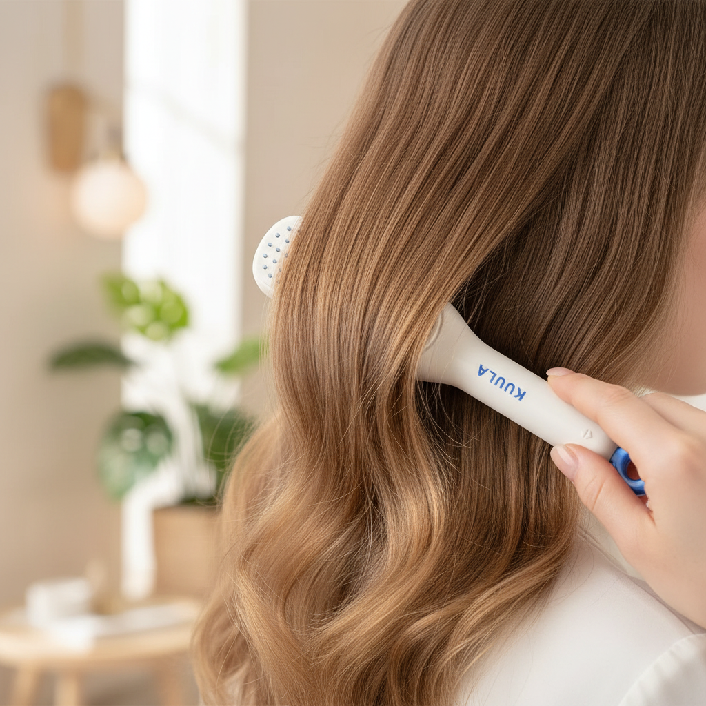 Close-up of detangling hair with comb